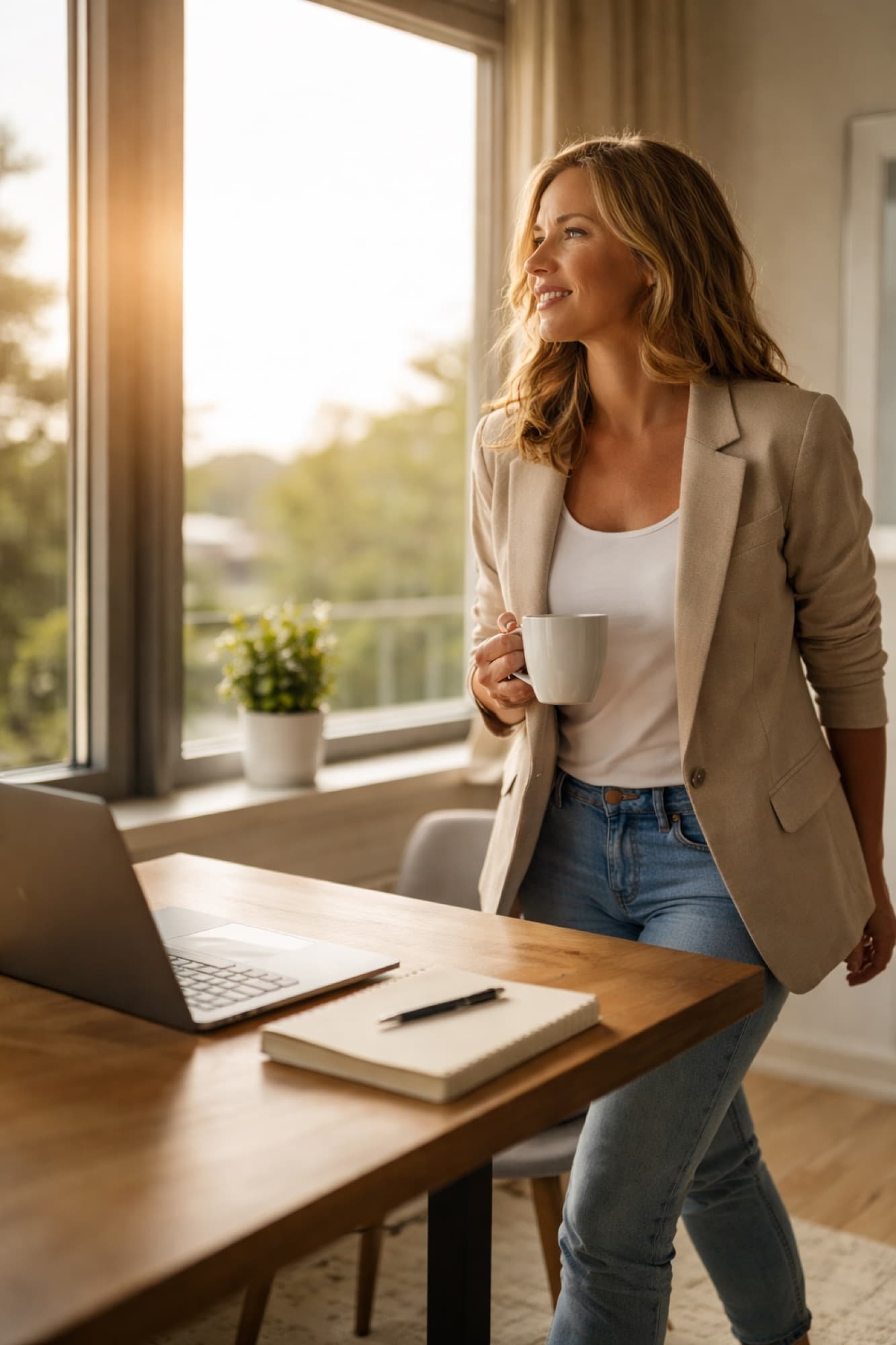 Established business owner pausing thoughtfully near her workspace