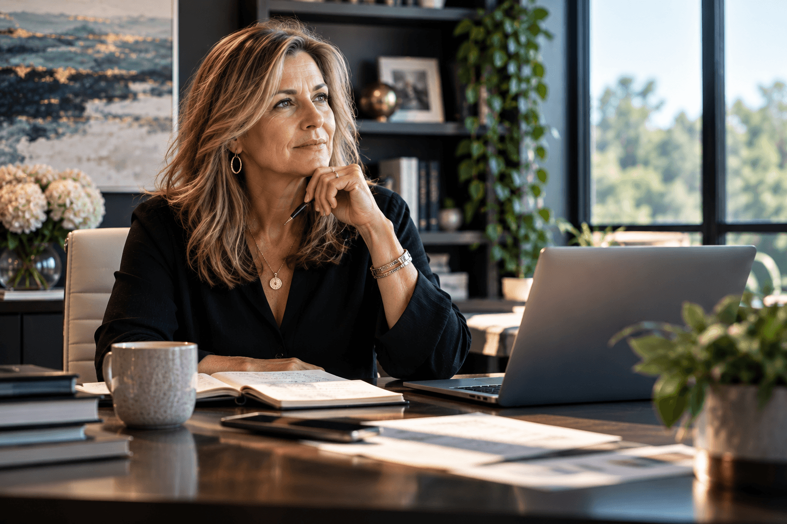 Business owner reflecting on her company's next stage of growth