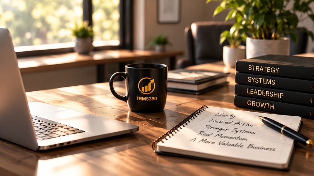 Sunlit desk with a TRMS360 coffee mug, books on strategy, systems, leadership and growth, and a notebook of business goals